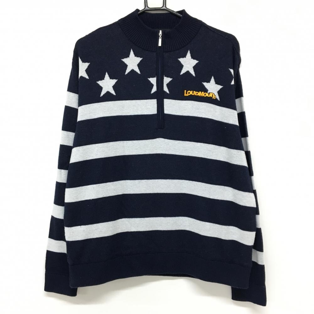 ラウドマウス ハイネックセーター ネイビー×白 下部ボーダー 星 裏地付 メンズ XL ゴルフウェア LOUDMOUTH