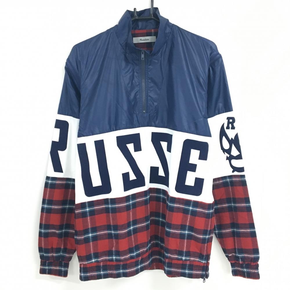 【美品】ラッセルノ 2WAYブルゾン ネイビー×白×レッド 一部チェック ルチャマスク ハーフジップ メンズ 5(L) ゴルフウェア RUSSELUNO