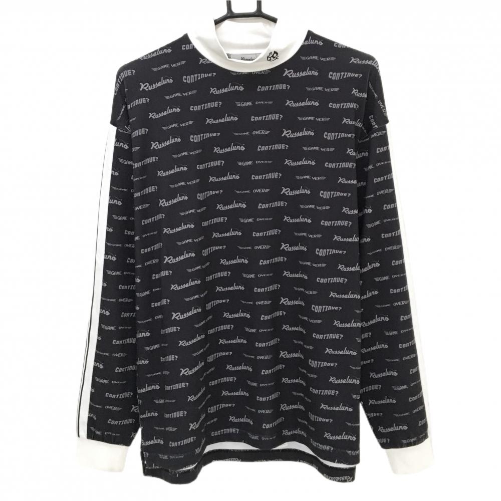 ラッセルノ 長袖ハイネックシャツ 黒×グレー×白 ロゴ総柄 ルチャマスク  メンズ 4(M) ゴルフウェア RUSSELUNO