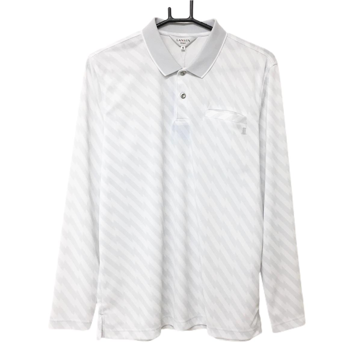 【新品】ランバンスポール 長袖ポロシャツ 白×ライトグレー 斜めストライプ風 吸水速乾 UVカット メンズ 40(L) ゴルフウェア LANVIN SPORT