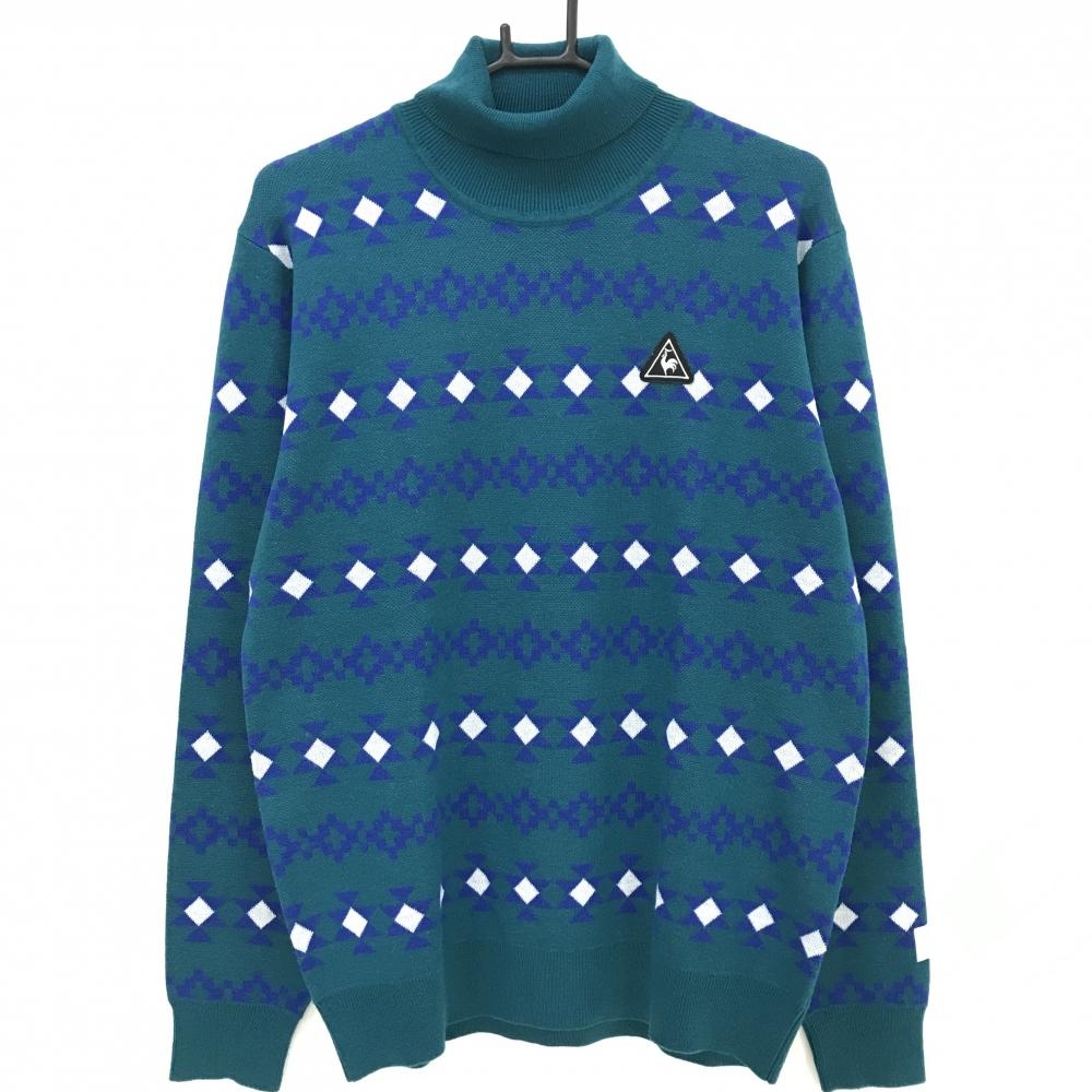 【美品】ルコックゴルフ セーター ブルーグリーン×ブルー 総柄 ロゴワッペン ニット  メンズ LL ゴルフウェア le coq sportif
