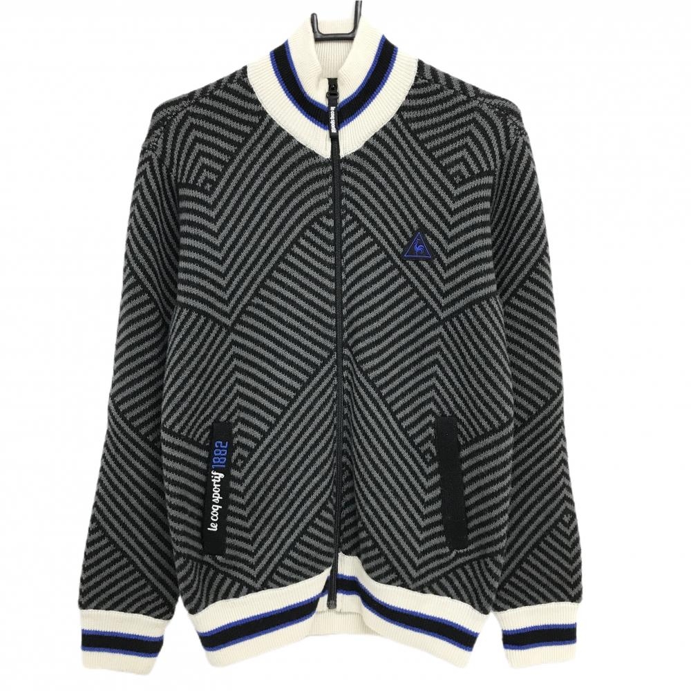 ルコックゴルフ ニットジャケット グレー×黒 総柄 ロゴワッペン ウール混  メンズ M ゴルフウェア le coq sportif