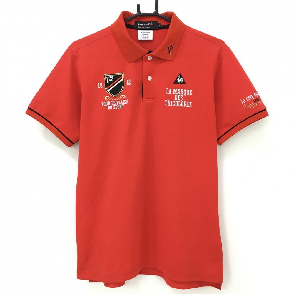 【美品】ルコックゴルフ 半袖ポロシャツ レッド×黒 袖口ライン 刺しゅう多数  メンズ L ゴルフウェア le coq sportif