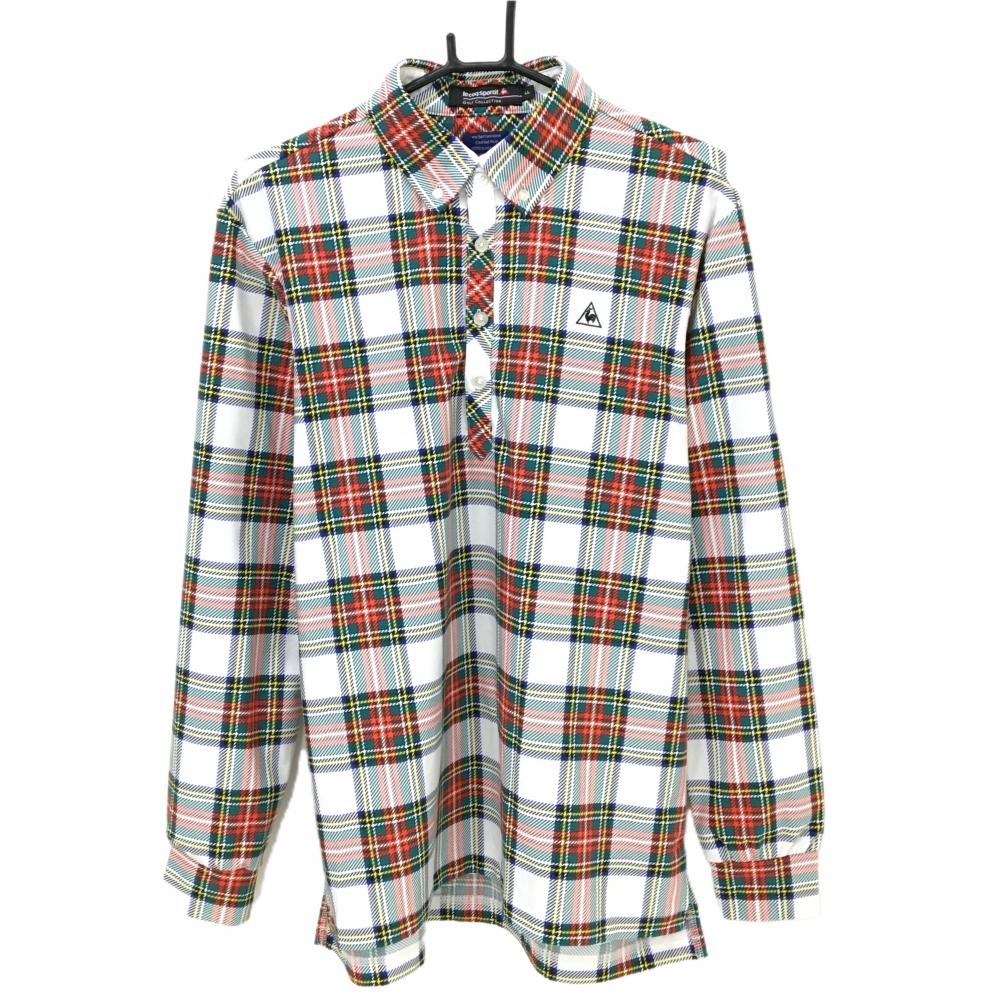 【美品】ルコックゴルフ 長袖ポロシャツ 白×グリーン チェック ロゴ刺しゅう ボタンダウン  メンズ LL ゴルフウェア le coq sportif