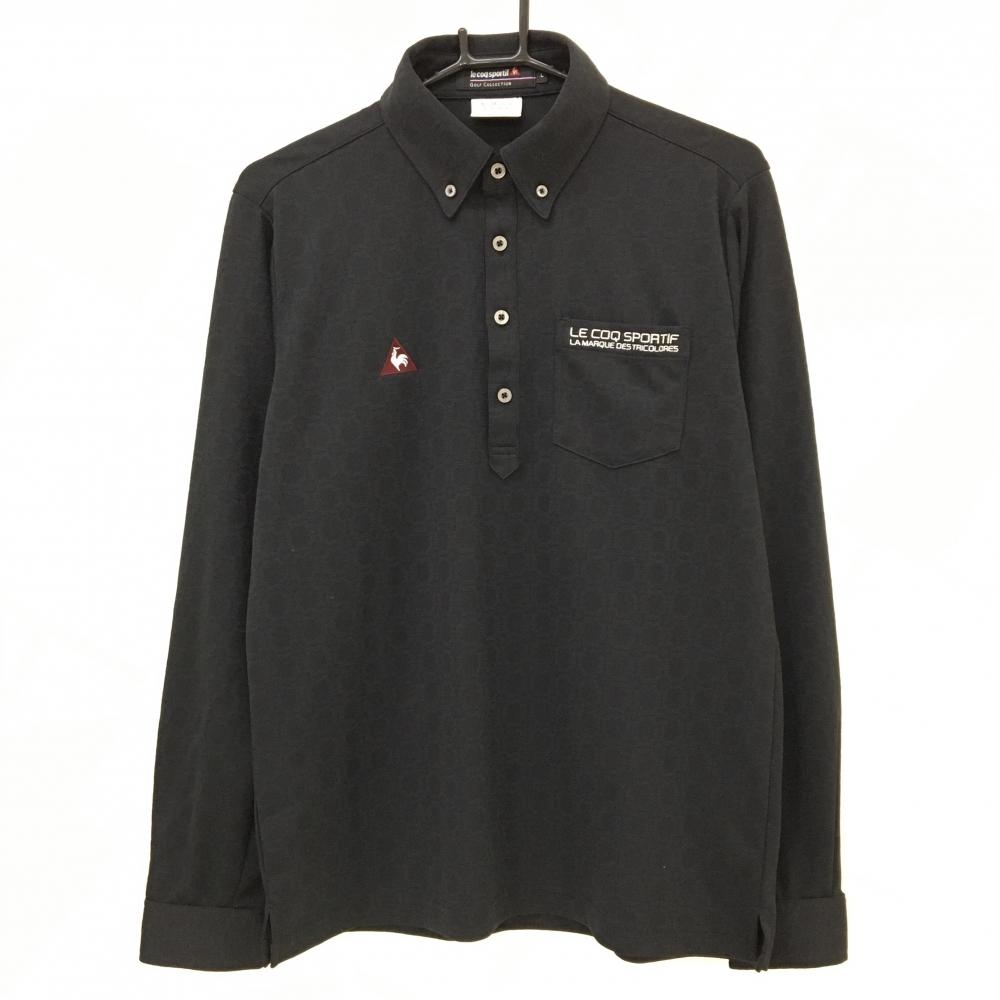 【美品】ルコックゴルフ 長袖ポロシャツ 黒 総柄地模様 ボタンダウン ロゴ刺しゅう  メンズ L ゴルフウェア le coq sportif