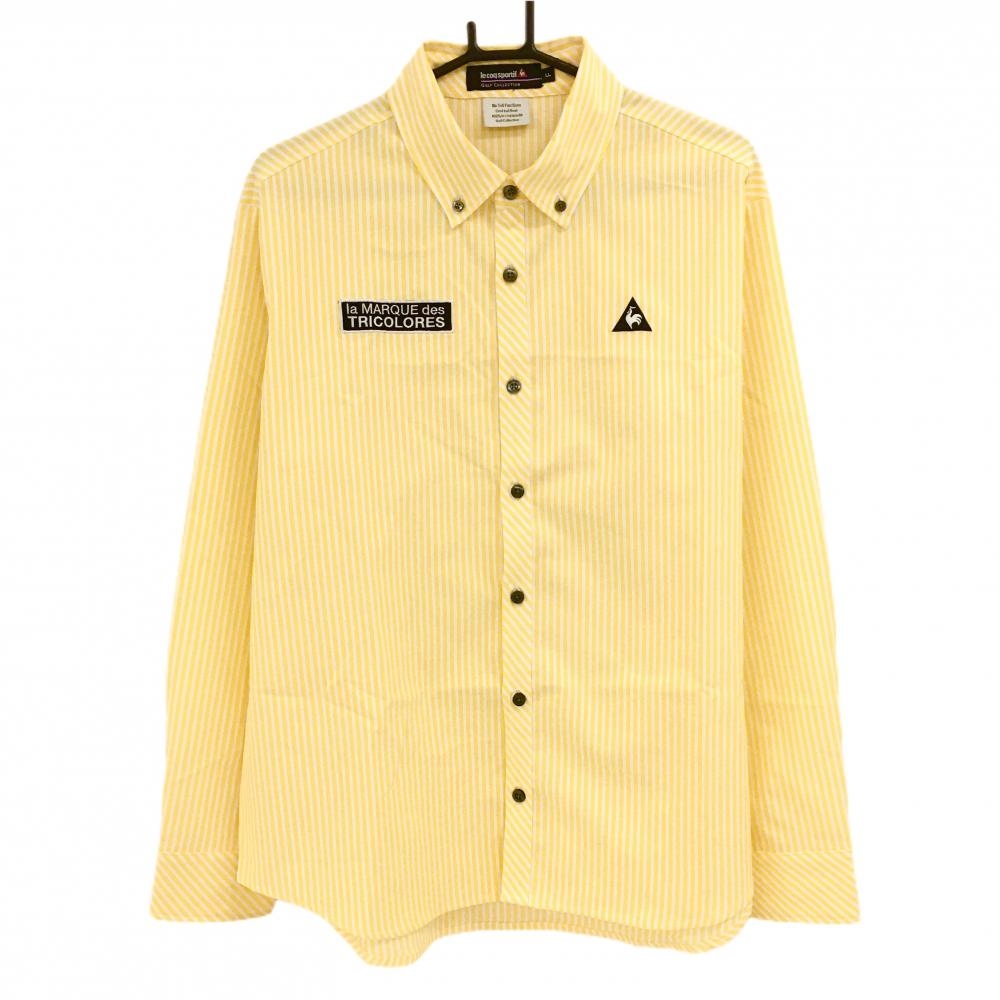 【美品】ルコックゴルフ 長袖シャツ ライトオレンジ×白 ストライプ ロゴ刺しゅう ボタンダウン メンズ LL ゴルフウェア le coq sportif