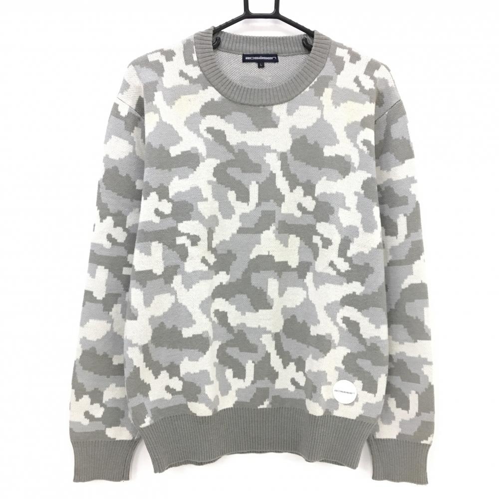 ロサーセン セーター グレー×白 迷彩 カモフラ ニット ウール混 メンズ L ゴルフウェア Rosasen