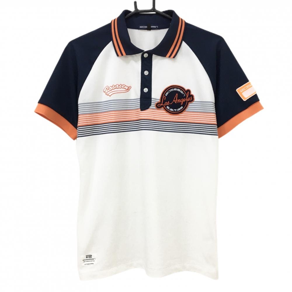 ロサーセン 半袖ポロシャツ 白×ネイビー 胸ライン ワッペン  メンズ M ゴルフウェア Rosasen