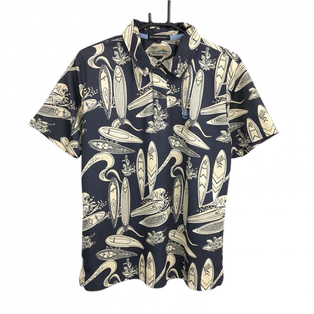 【超美品】ロサーセン 半袖ポロシャツ グレー×イエロー系 総柄 Hawaiian Moon メンズ 50(L) ゴルフウェア Rosasen