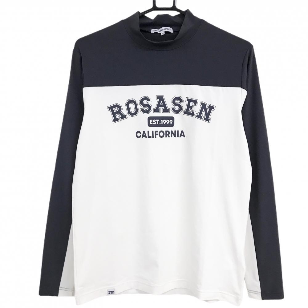 【超美品】ロサーセン 長袖ハイネックシャツ 白×ネイビー バイカラー フロントロゴ メンズ M ゴルフウェア Rosasen