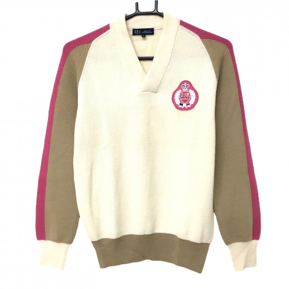 【美品】23区ゴルフ セーター アイボリー×ブラウン×ピンク ニット ウール100％ レディース II(L) ゴルフウェア 23区