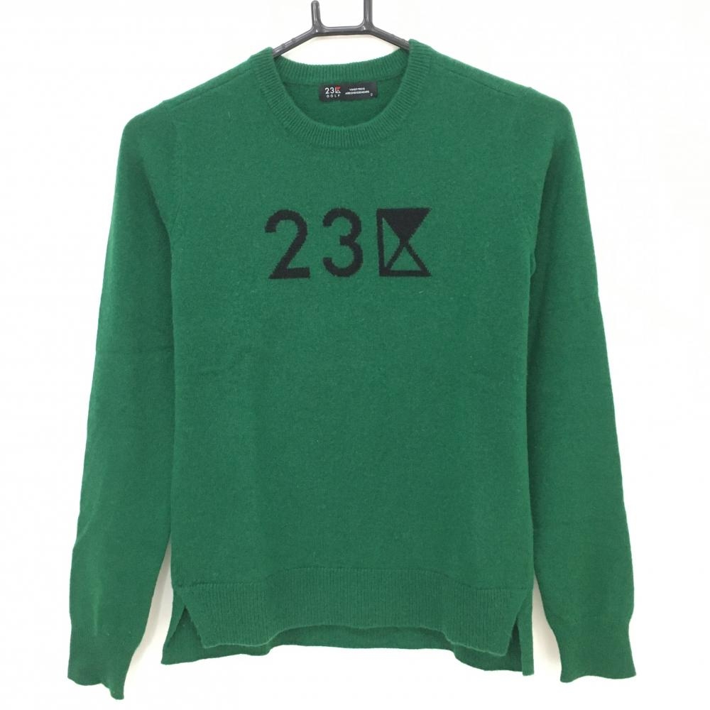 【美品】23区ゴルフ セーター グリーン×黒 フロントロゴ ウール・カシミヤ混 ニット  レディース 0(S) ゴルフウェア 23区