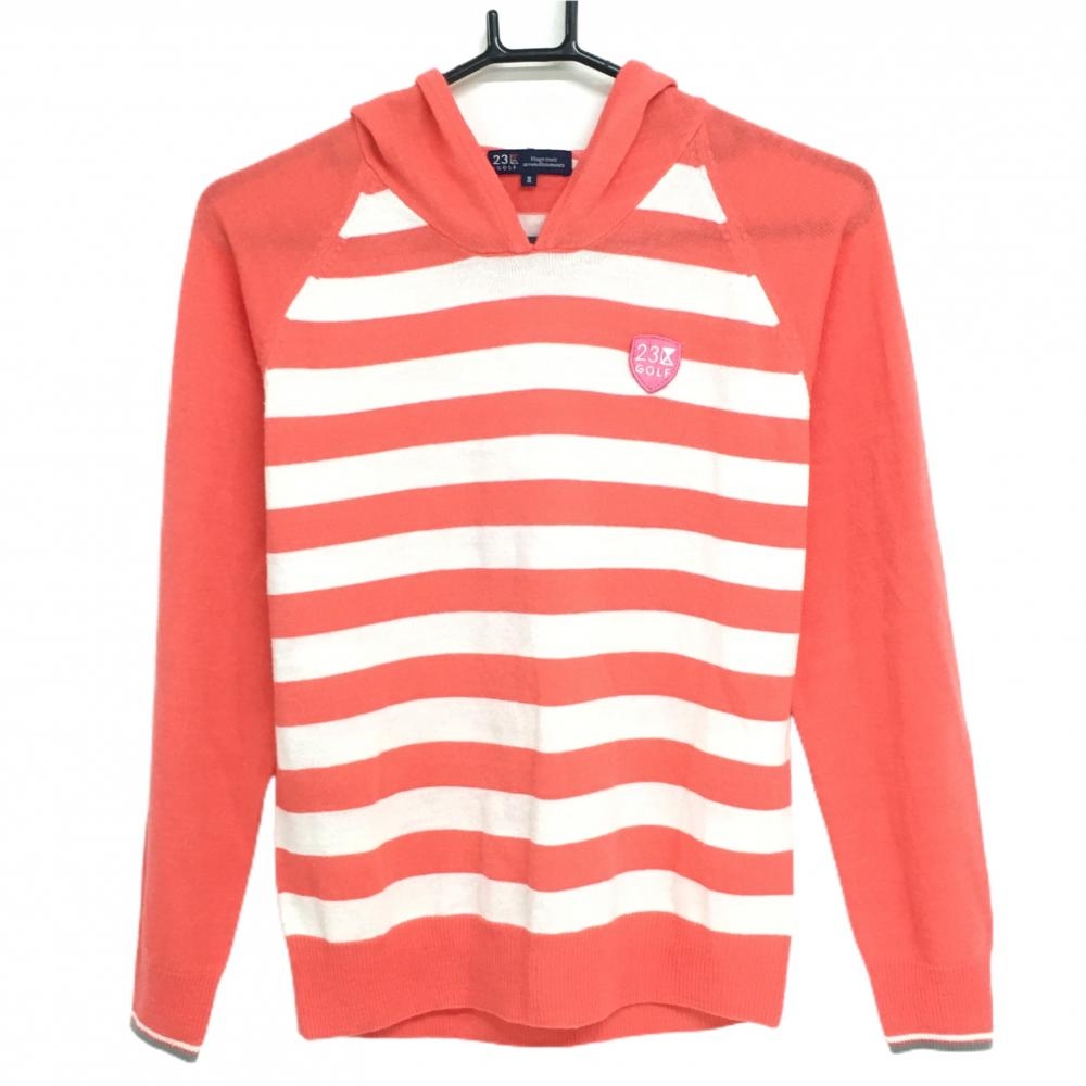 【美品】23区ゴルフ フード付セーター サーモンオレンジ×白 身頃ボーダー ニット アクリル100％ レディース II(L) ゴルフウェア 23区