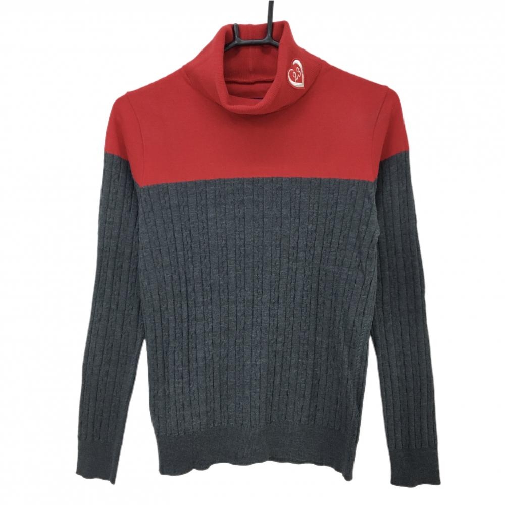 【美品】23区ゴルフ タートルネックセーター レッド×グレー 下部ケーブル編み ニット  レディース I(M) ゴルフウェア 23区