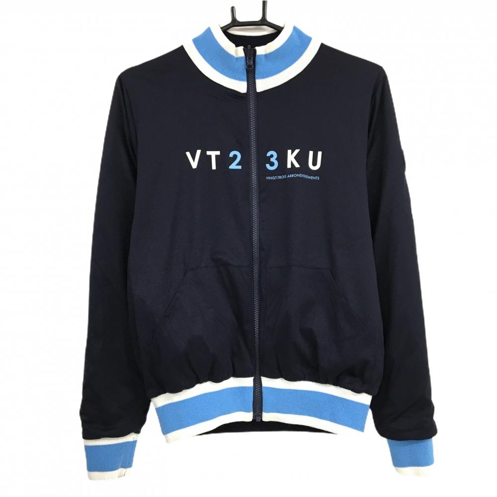 【美品】23区ゴルフ リバーシブルジャケット ネイビー×白 ネック・袖口・裾ライン 裏ニット レディース I(M) ゴルフウェア 23区