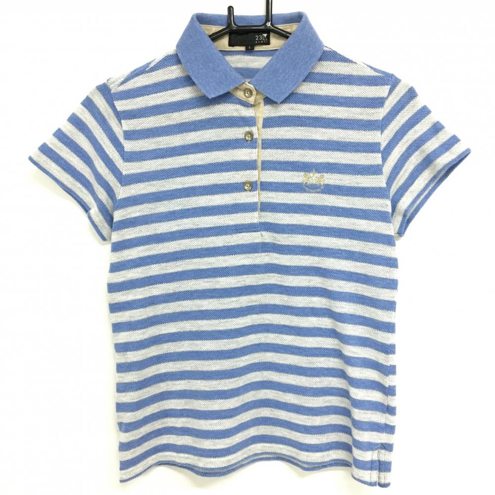 23区スポーツ 半袖ポロシャツ ライトブルー×グレー ボーダー レディース L ゴルフウェア 23区