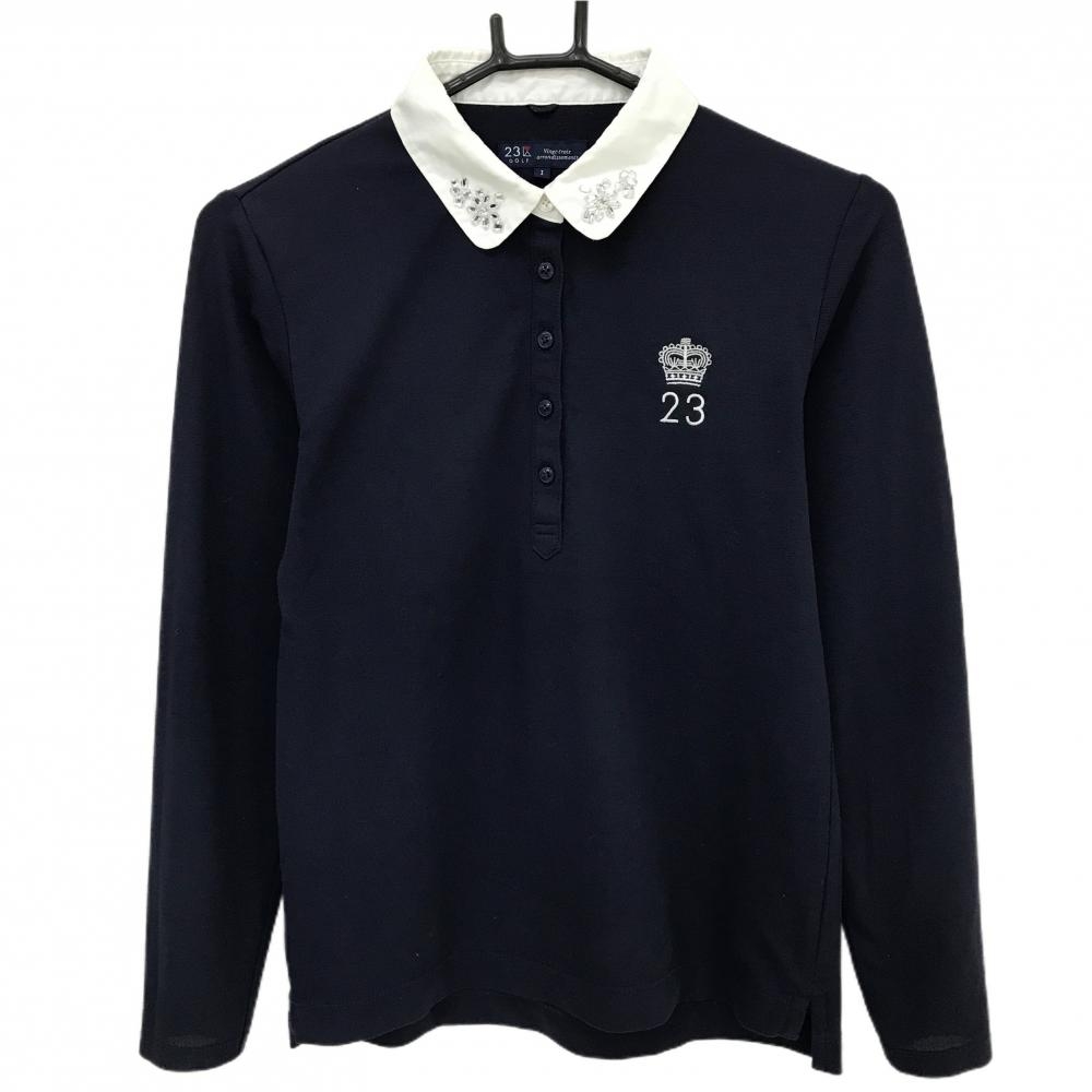 23区ゴルフ 長袖ポロシャツ ネイビー×白 襟ビジュー付 ロゴ刺しゅう レディース I(M) ゴルフウェア 23区