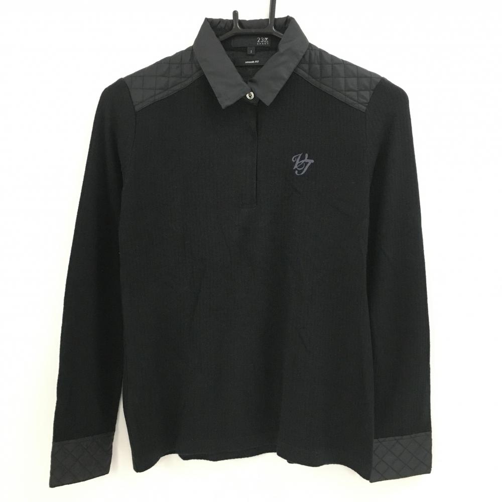 【超美品】23区スポーツ 長袖ポロシャツ 黒 肩・袖口キルティング ハーフジップ 起毛素材 レディース Ⅰ(M) ゴルフウェア 23区