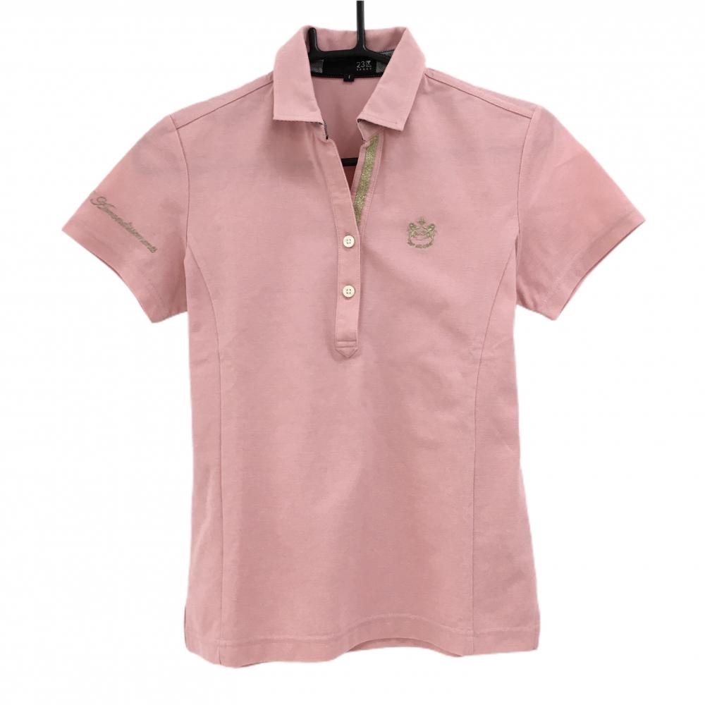 23区スポーツ 半袖スキッパーシャツ ピンク×ゴールド ロゴ刺しゅう  レディース L ゴルフウェア 23区