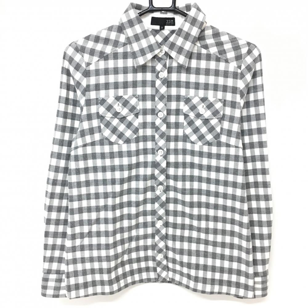 【美品】23区スポーツ 長袖シャツ グレー×白 ギンガムチェック コットン混 レディース II ゴルフウェア 23区 画像