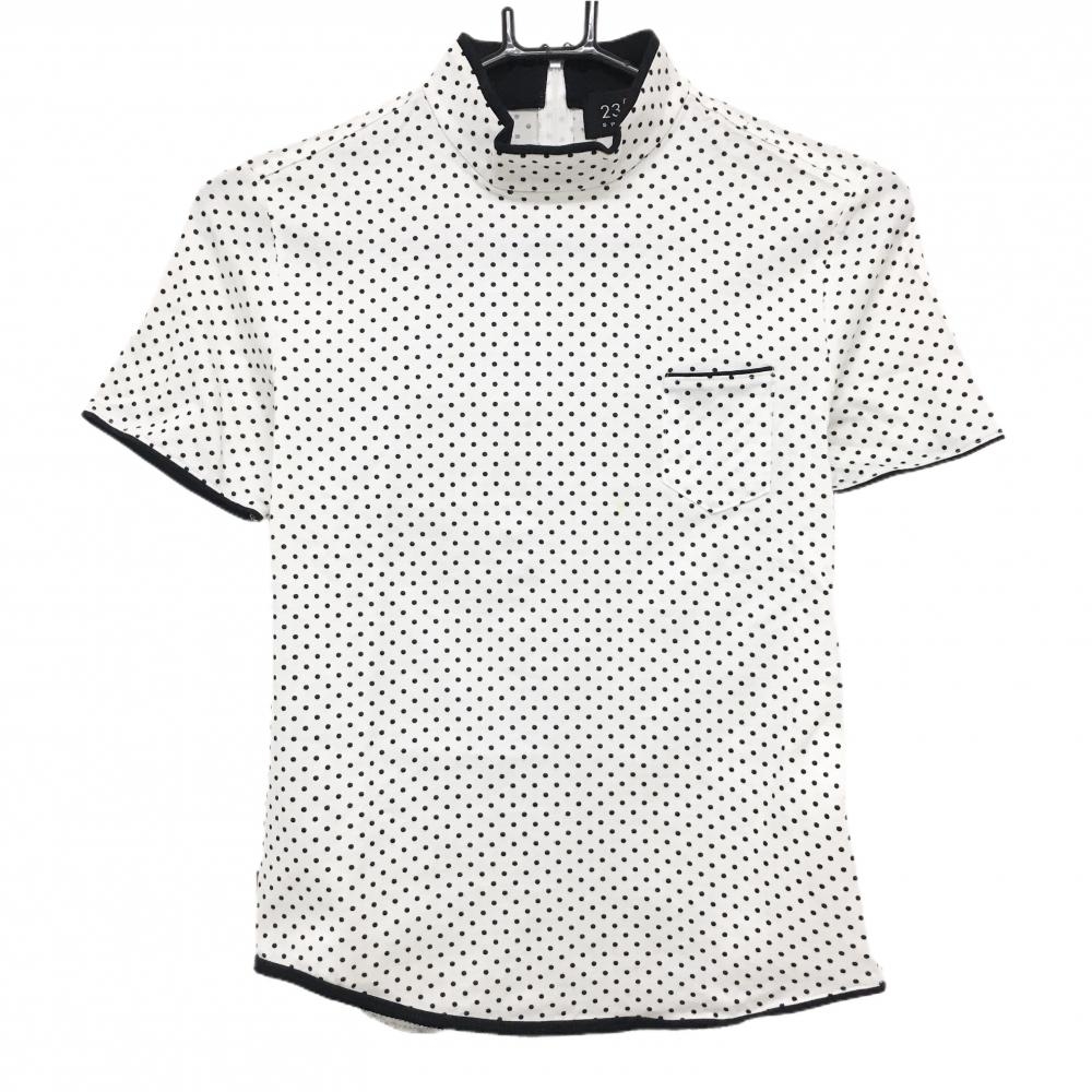 23区スポーツ 半袖ハイネックシャツ 白×黒 ドット柄 後ろハーフジップ レディース I(M) ゴルフウェア 23区