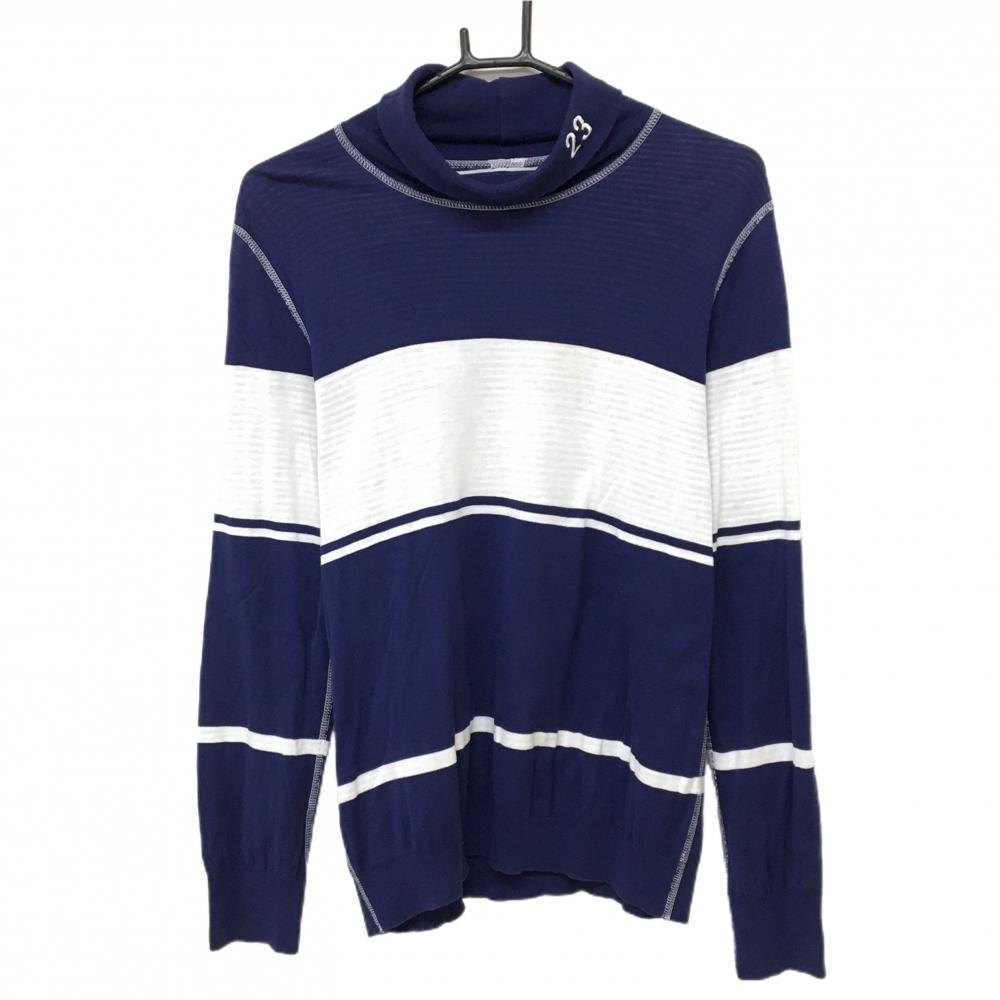 23区スポーツ 長袖ハイネックシャツ ネイビー×白 ボーダー ヨレ レディース III(XL) ゴルフウェア 23区