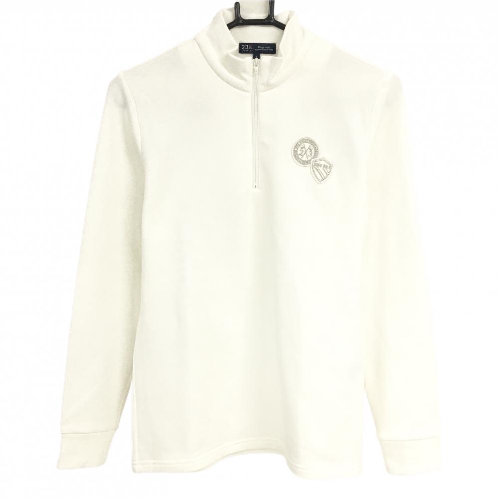 【美品】23区ゴルフ 長袖ハイネックシャツ 白 ハーフジップ 裏微起毛 胸元ロゴワッペン レディース II(L) ゴルフウェア 23区