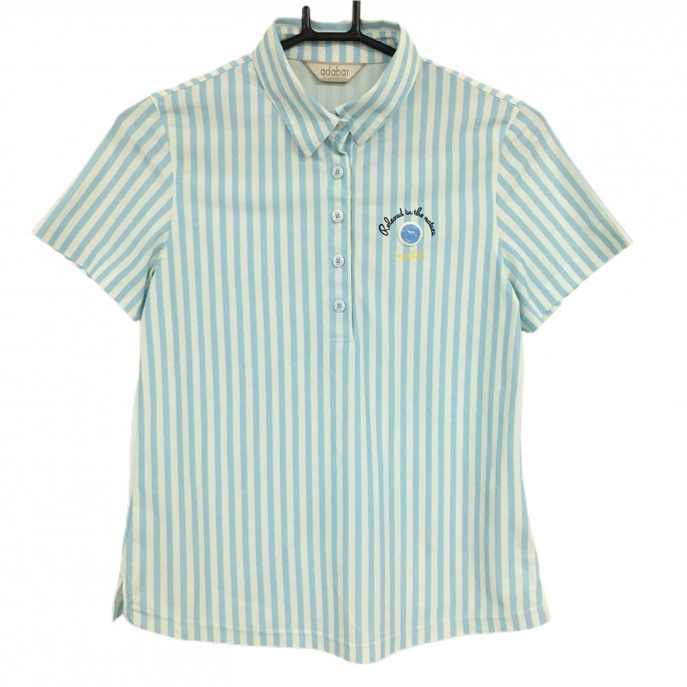 【美品】アダバット 半袖ポロシャツ ライトブルー×白 ストライプ ロゴワッペン レディース 38(M) ゴルフウェア adabat