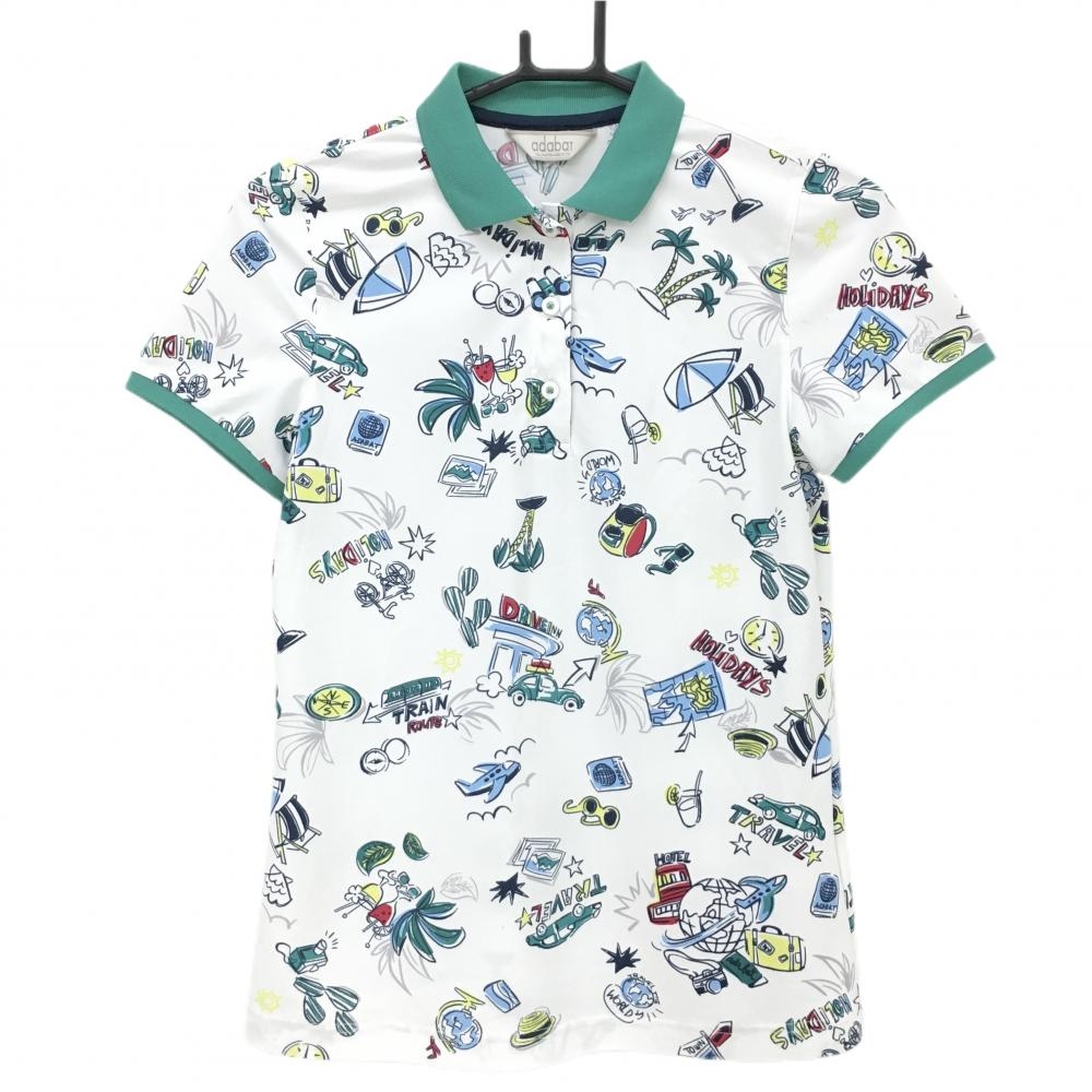 【美品】アダバット 半袖ポロシャツ 白×グリーン 総柄 車 ヤシの木 レディース 36(S) ゴルフウェア adabat