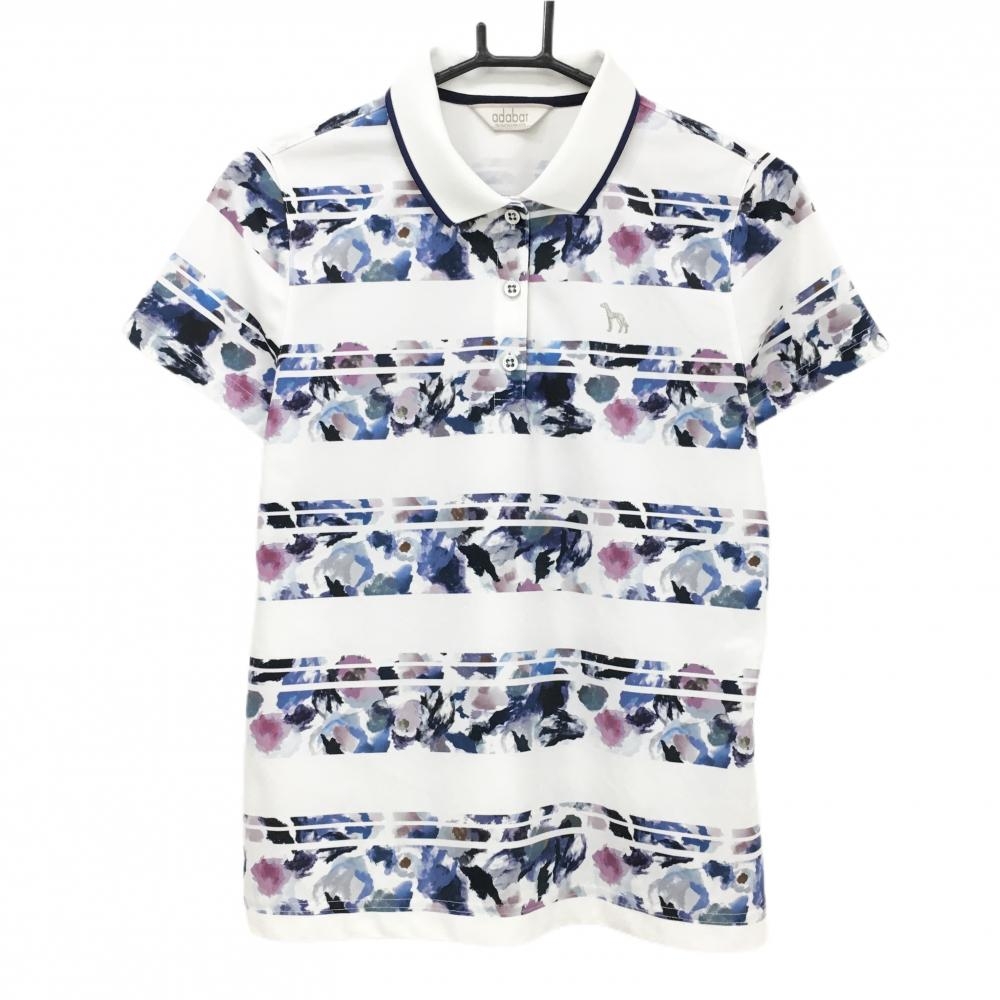アダバット 半袖ポロシャツ 白×ネイビー 花柄 ボーダー調  レディース 40(L) ゴルフウェア adabat