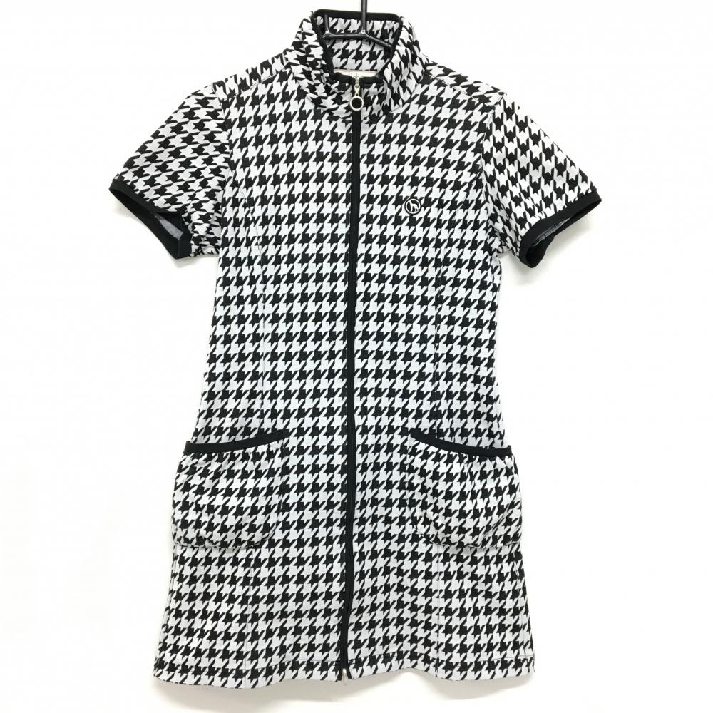 【美品】アダバット 半袖ハイネックワンピース 黒×白 千鳥格子 ハーフジップ  レディース 38(M) ゴルフウェア adabat