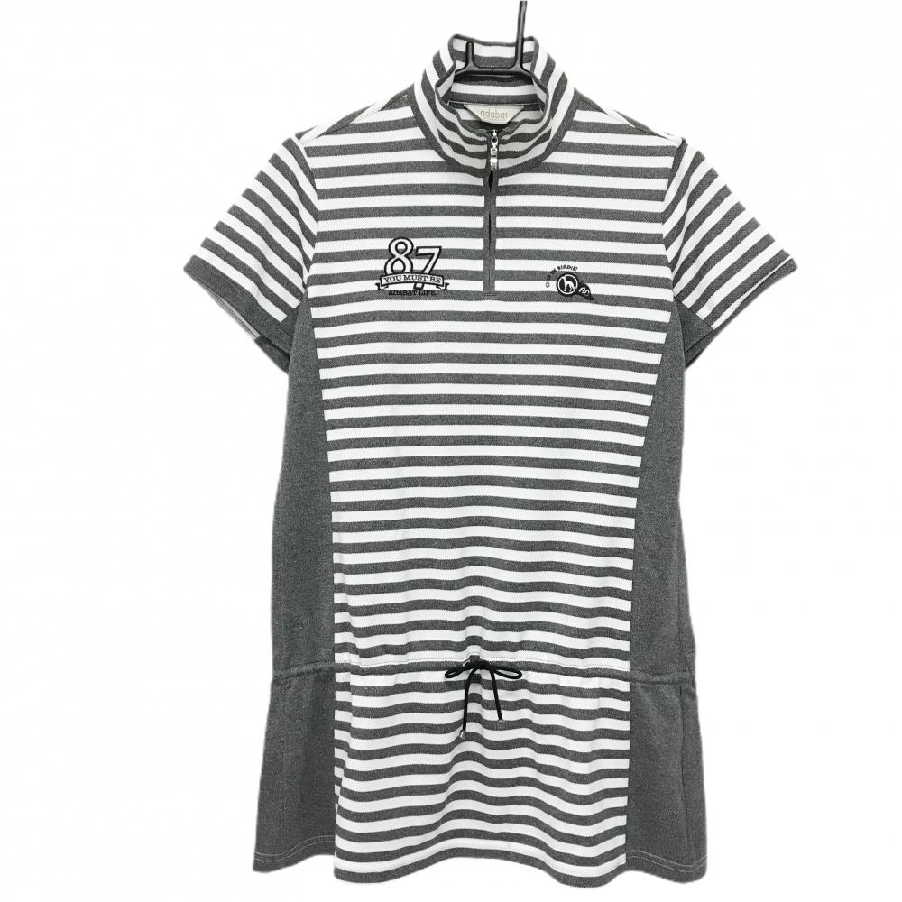 【美品】アダバット 半袖ハイネックシャツ グレー×白 ボーダー ハーフジップ チュニック丈 レディース 40(L) ゴルフウェア adabat