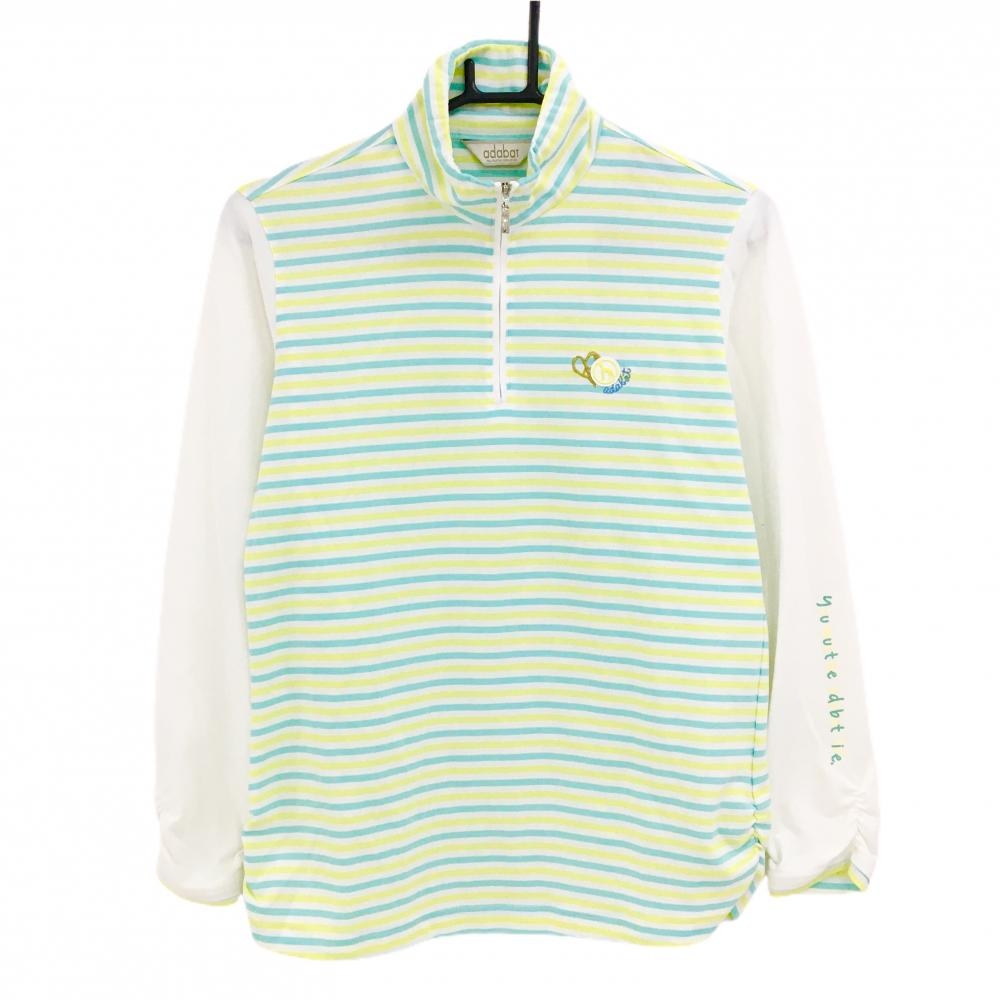 【超美品】アダバット 長袖ハイネックシャツ 白×ライトグリーン 身頃ボーダー ハーフジップ  レディース 40(L) ゴルフウェア adabat