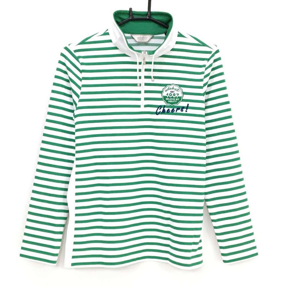 【超美品】アダバット 長袖ハイネックシャツ 白×グリーン ボーダー ハーフジップ 刺しゅう  レディース 40(L) ゴルフウェア adabat