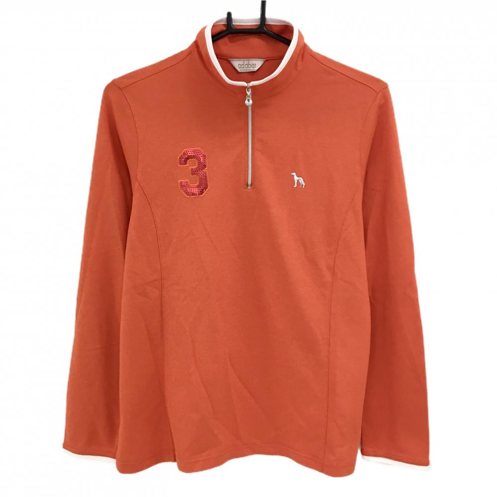 【美品】アダバット 長袖ハイネックシャツ オレンジ×白 ハーフジップ 胸スパンコール コットン混  レディース 40(L) ゴルフウェア adabat