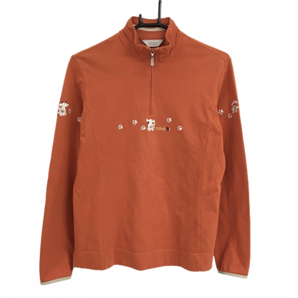 【美品】アダバット 長袖ハイネックシャツ オレンジ×白 ドッグ刺しゅう ハーフジップ レディース 40(L) ゴルフウェア adabat