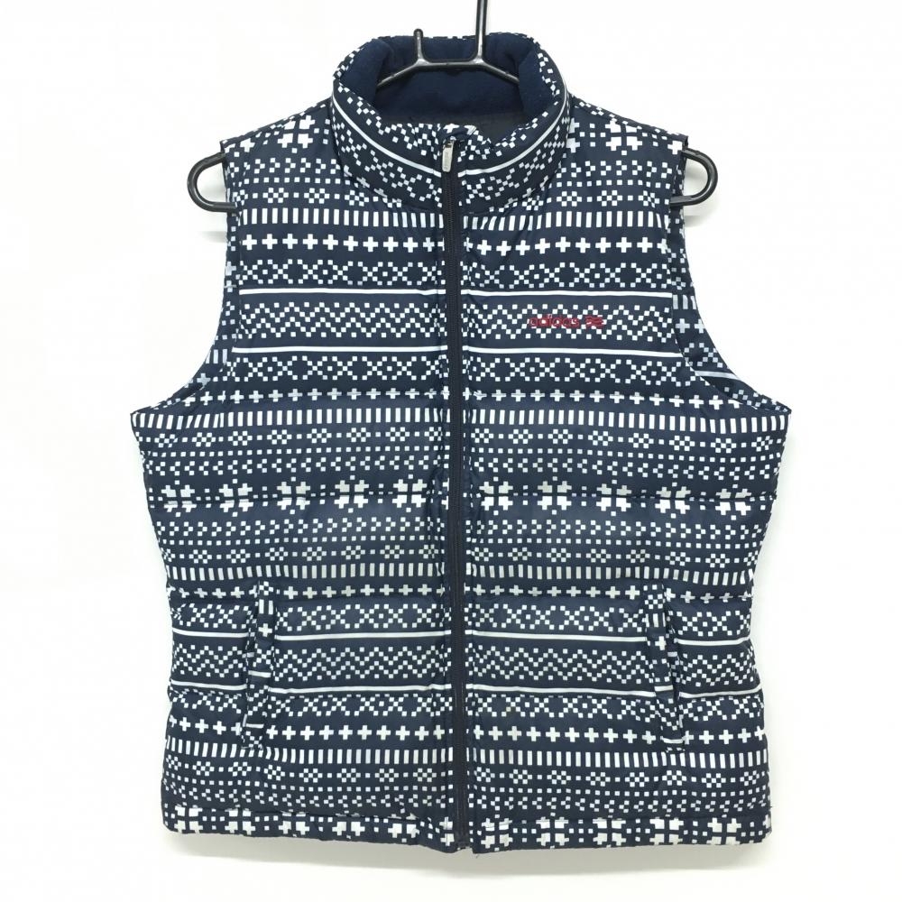 アディダス ダウンベスト ネイビー×白 総柄 ネック内側起毛  レディース OT/XG(XL) ゴルフウェア adidas