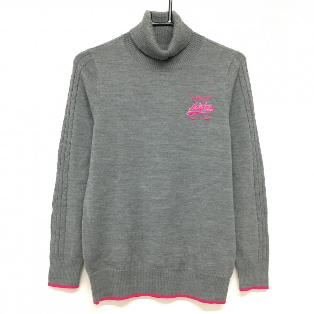 アディダス タートルネックセーター グレー×ピンク 袖ケーブル編み ウール混 ニット  レディース L/G ゴルフウェア adidas