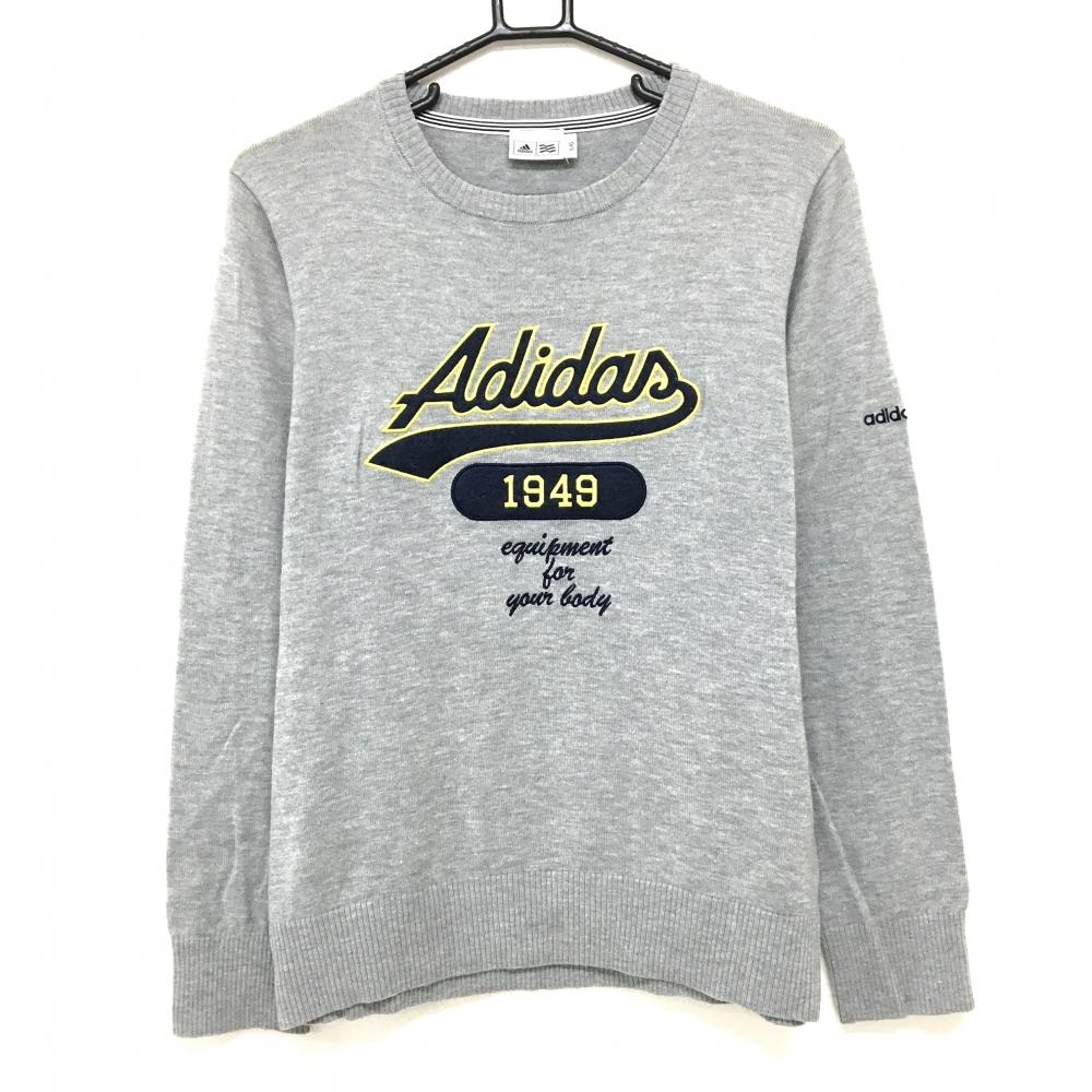 【美品】アディダス セーター グレー×ネイビー ウール混 フロントロゴ  レディース L/G ゴルフウェア adidas