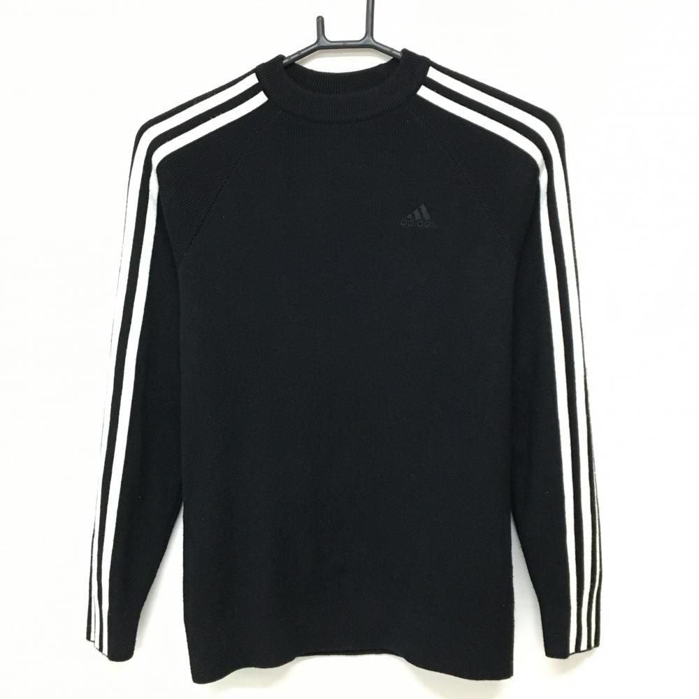 アディダス セーター 黒×白 袖3ストライプス ウール混 ニット レディース M ゴルフウェア adidas