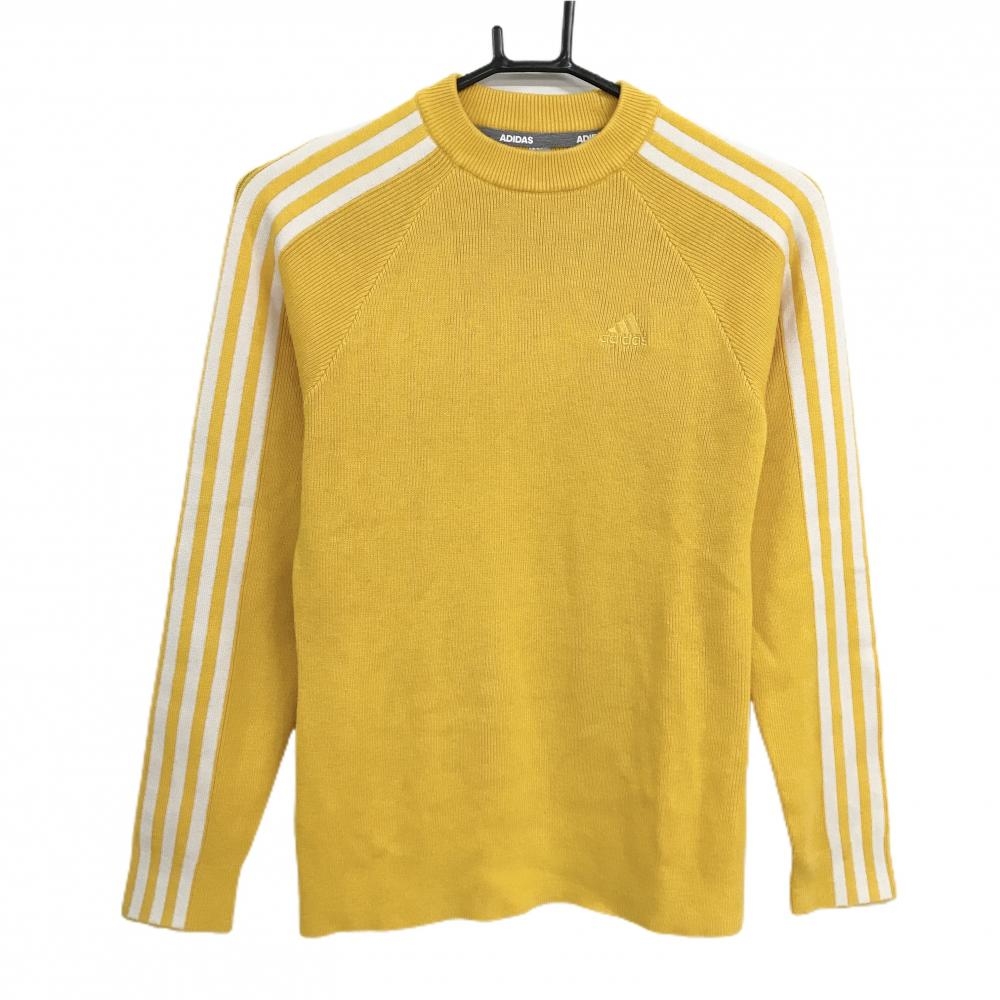 【美品】アディダス セーター イエロー系×白 袖3ストライプス ウール混 ニット レディース S ゴルフウェア adidas