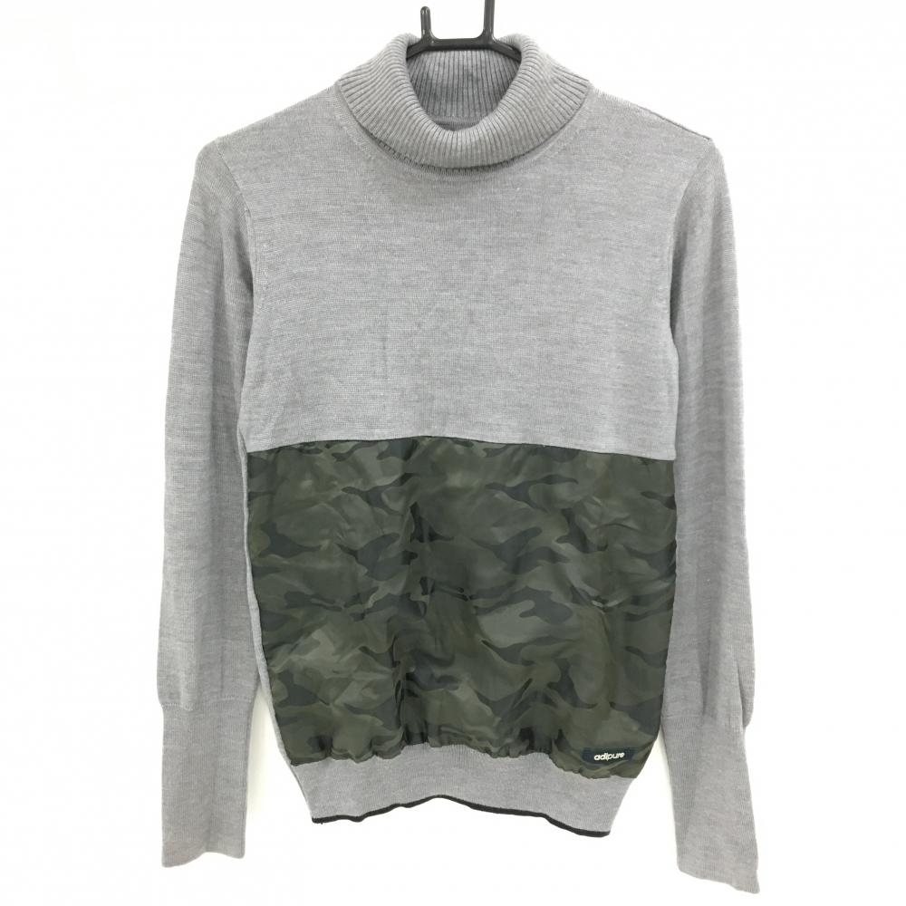 【美品】アディダス 切替タートルネックセーター グレー×カーキ 一部迷彩柄 カモフラ ニット レディース S/P ゴルフウェア adidas