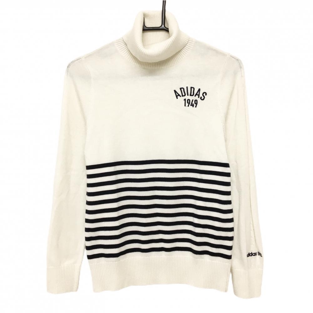 【美品】アディダス タートルネックセーター 白×黒 下部ボーダー 袖一部ケーブル編み ニット レディース M/M ゴルフウェア adidas