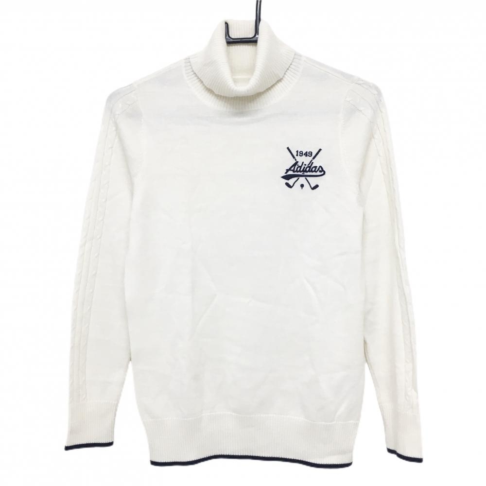 【超美品】アディダス タートルネックセーター 白×ネイビー 袖ケーブル編み ロゴ刺しゅう ウール混 レディース M/M ゴルフウェア adidas