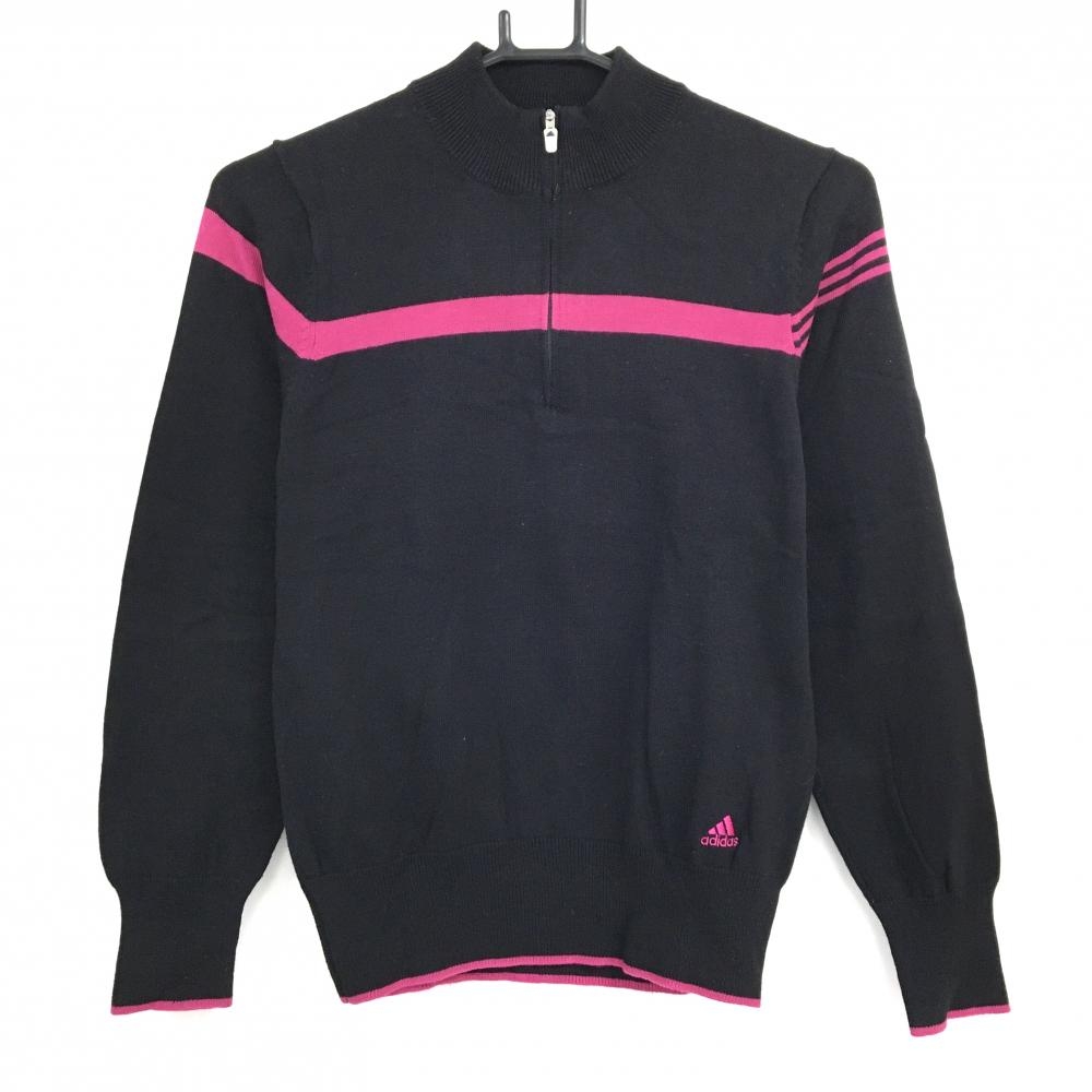 【美品】アディダス ハイネックセーター 黒×ピンク 胸元ライン ハーフジップ ニット コットン混 レディース M/M ゴルフウェア adidas