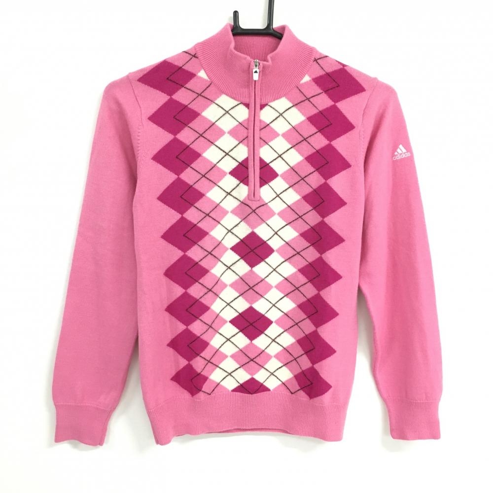アディダス ハイネックセーター ピンク×白 前身頃アーガイル柄 ハーフジップ ニット レディース M/M ゴルフウェア adidas