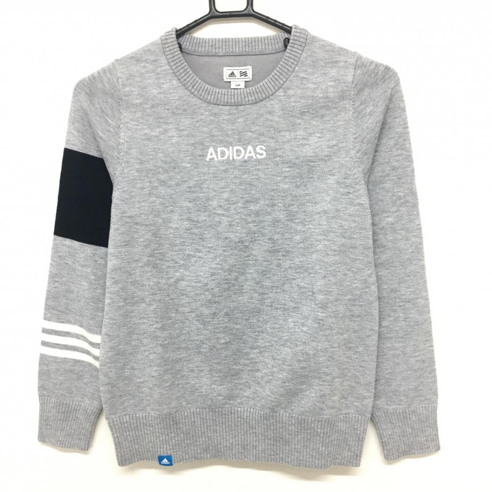 アディダス セーター グレー×黒 ロゴ刺しゅう 袖3ライン ウール混 レディース S/P ゴルフウェア adidas