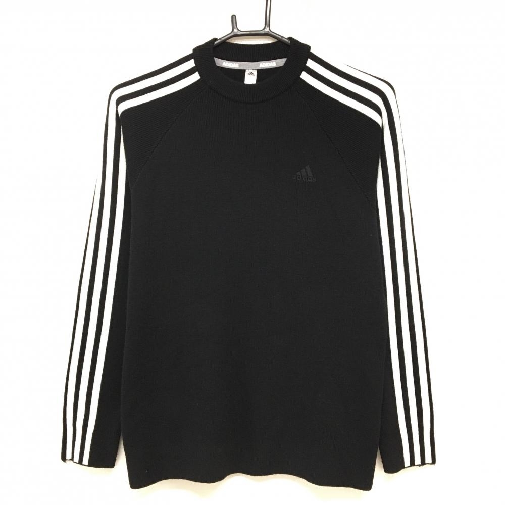 【美品】アディダス セーター 黒×白 3ライン ロゴ刺しゅう ウール混  レディース OT(XL) ゴルフウェア adidas