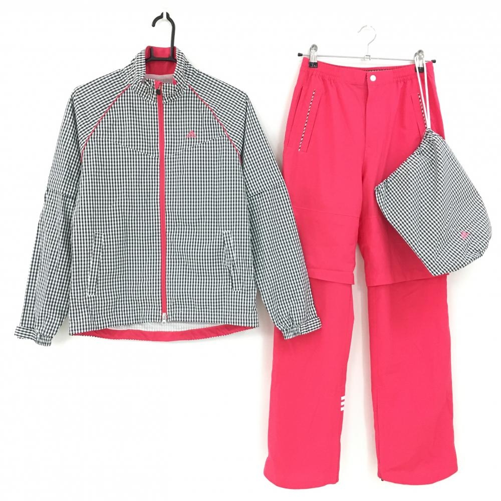 【美品】アディダス レインウェア(2WAYジャケット×パンツ) 白×黒 パンツピンク 袖着脱可  レディース M/M ゴルフウェア adidas