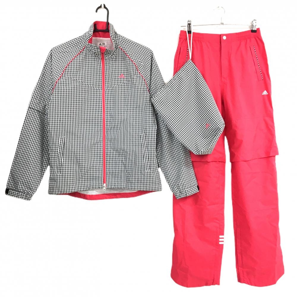 【超美品】アディダス レインウェア(2WAYジャケット×パンツ) 白×黒 ギンガムチェック パンツピンク レディース L/G ゴルフウェア adidas